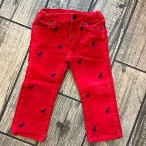 Janie and Jack red corduroys with navy blue reindeer.